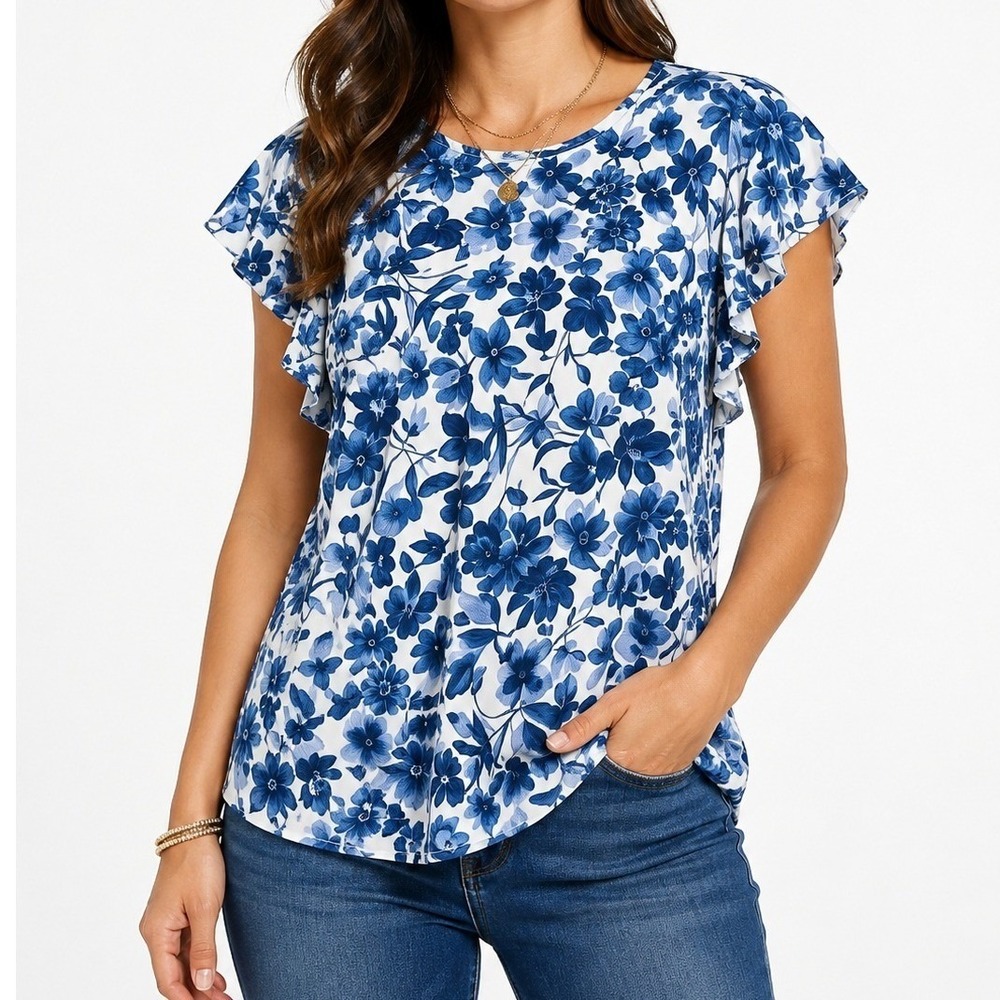 Nautica Jeans Women Floral Blouse Blue White Size L Flutter Sleeve Casual Top